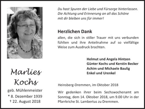 Traueranzeigen Von Marlies Kochs Aachen Gedenkt