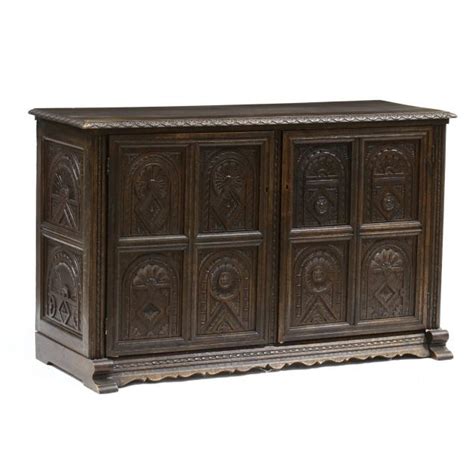 English Jacobean Revival Carved Oak Console Cabinet Lot July