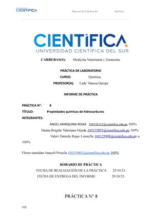 Informe de Lab Química 10 UNIVERSIDAD CIENTÍFICA DEL SUR CARRERA