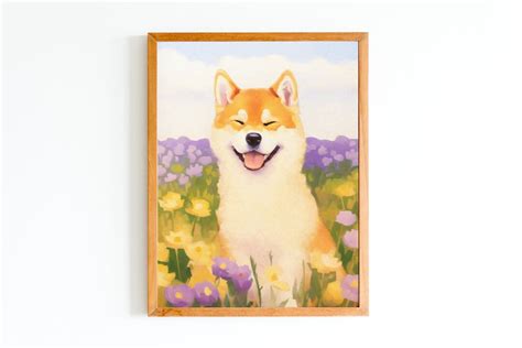 Shiba Flowers Art Print Purple And Yellow Floral Wall Art Smiling Shiba