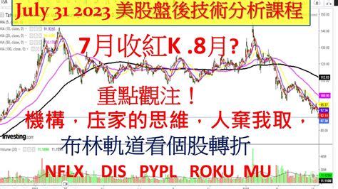 美股盤後技術分析課程！7月收紅k 8月 重點觀注！機構，庒家的思維，人棄我取，布林軌道看個股轉折 Nflx Dis Pypl Roku Mu7302023 Youtube