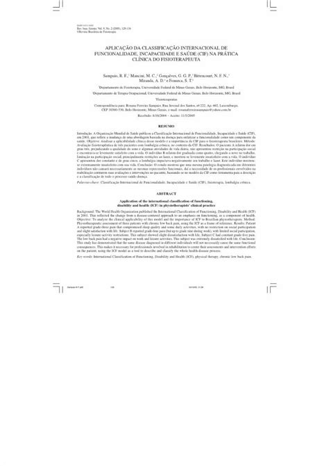 Pdf AplicaÇÃo Da ClassificaÇÃo Internacional De Funcionalidade Incapacidade E SaÚde Cif Na