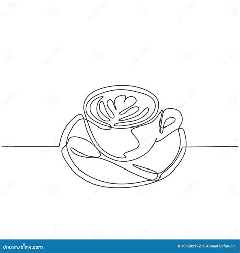 Cup Of Coffee One Line Drawing With Plate And Spoon Continuous Hand