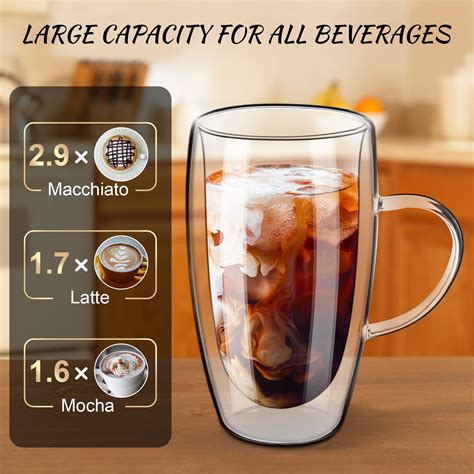 Paracity 16oz Double Wall Glass Mugs Set Of 2 Perfect For Coffee Tea