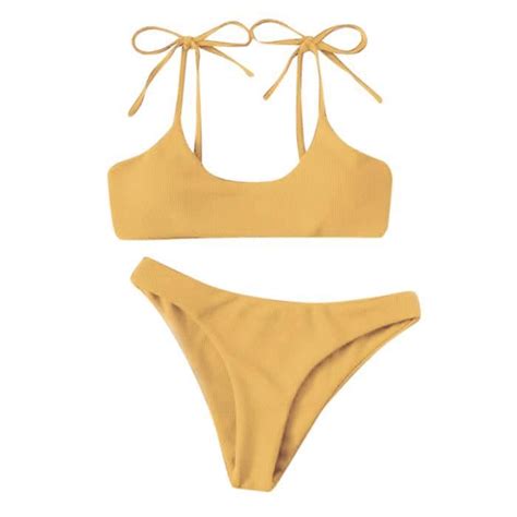 Maillot de bain deux pièces Bikini taille haute pour femme avec contrôle du ventre Jaune