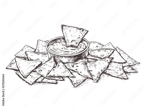 Illustration Mexican Corn Chips Nachos With Salsa Dip Sketch Tortilla