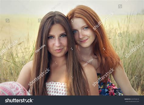 Portrait Two Pretty Girls Brunette Redhead Stock Photo Shutterstock
