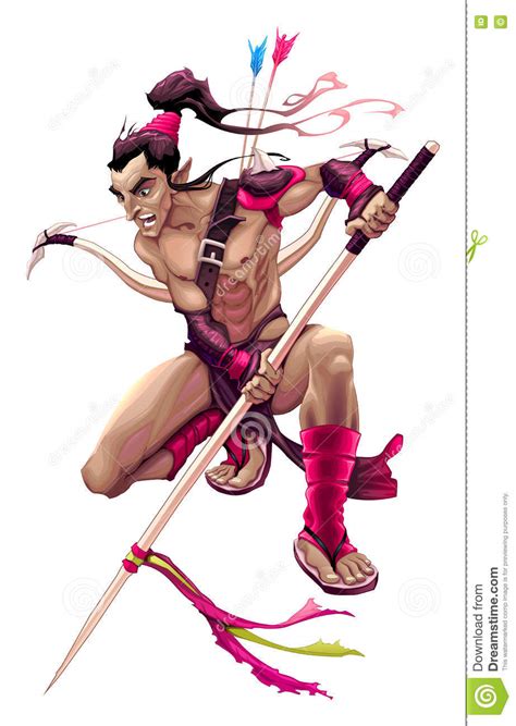 Warrior Character Naked Man In A Helmet And A Loincloth Holding A Long Spear Vector