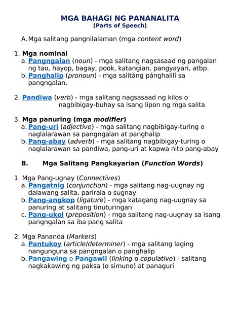 Mga Bahagi Ng Pananalita Mga Bahagi Ng Pananalita Parts Of Speech A Mga Salitang