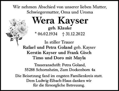 Traueranzeigen Von Wera Kayser Vrm Trauer De