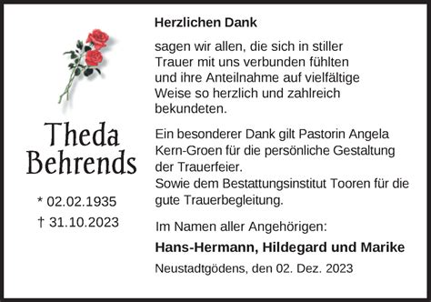 Traueranzeigen Von Theda Behrends Nordwest Trauer De