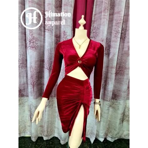 Hailee Evening Sexy Long Sleeves 2 Piece Velvet Dress Lazada Ph