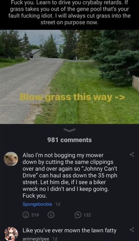 Fuck You Learn To Drive You Crybaby Retards If Grass Takes You Out Of The Gene Pool That S