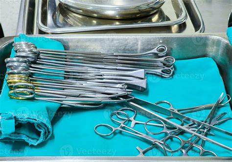 Surgical instruments in the preparation tray of the operating room ...