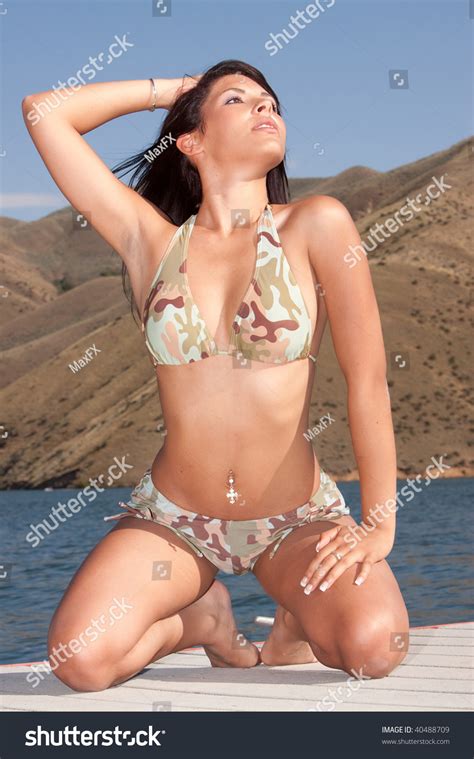 Sexy Woman Wearing Bikini By Lake Stock Photo 40488709 Shutterstock
