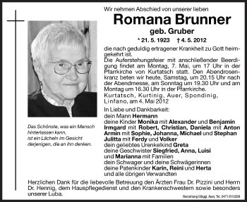 Traueranzeigen Von Romana Brunner Trauer Bz