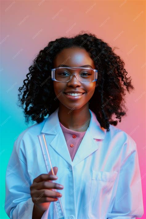 A smiling female scientist wearing safety glasses and a lab coat holds