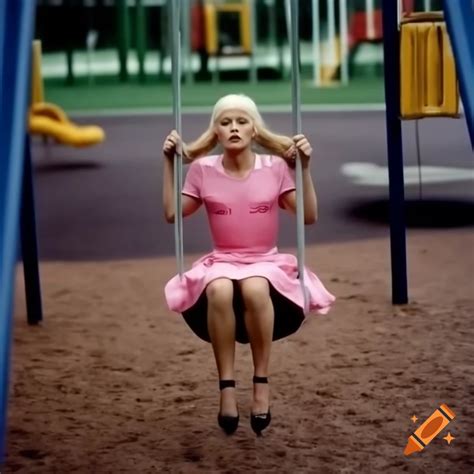 Girl With Blonde Pigtails Swinging In Playground In Pink Dress On Craiyon