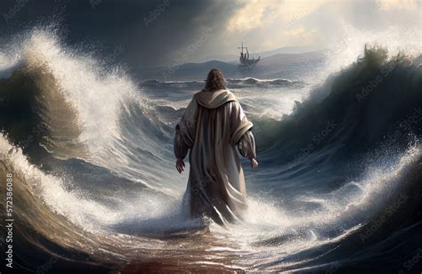 Jesus Walks On Water Across The Sea Towards A Boat During A Storm