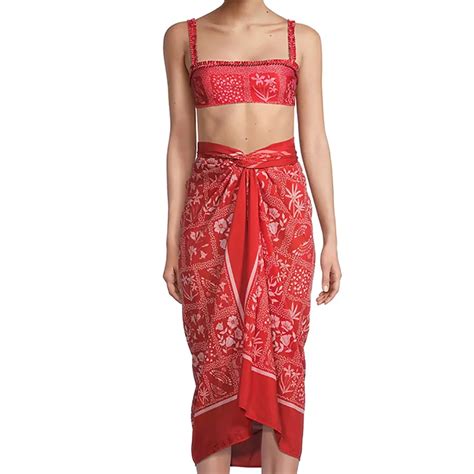 Bikini con tirantes y estampado rojo para mujer traje de baño exótico de dos piezas con cintura