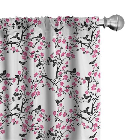 Ambesonne Cherry Blossom Curtains Sakura Tree Bird Pair Of 28 X84 Black Hot Pink White