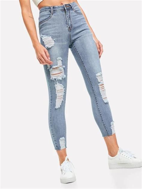 Hot Selling Ripped Faded Wash Jeans Gagodeal Frayed Hem Jeans Cute Jeans Denim Skinny Jeans