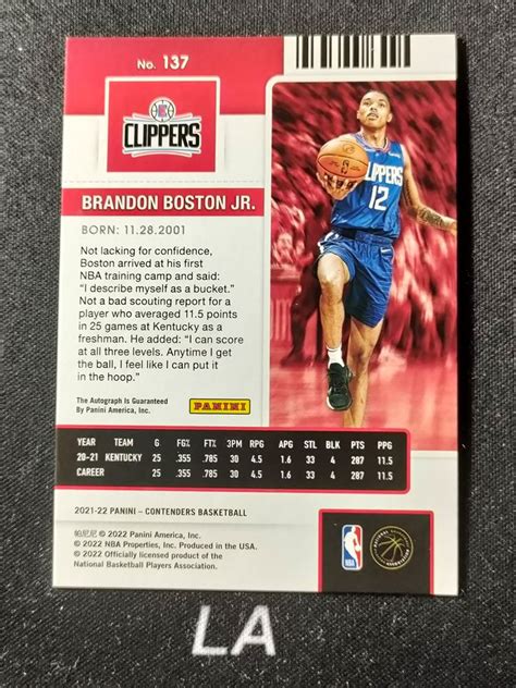 LA拍卖21 22 Panini Contenders Brandon Boston Jr 球票 新秀RC 小布兰登 博斯顿 波士顿 快