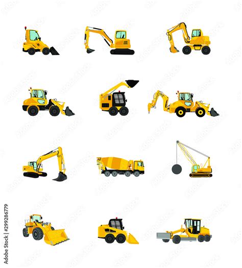 Big Set Of Bulldozer Wheel Loader Vector Isolated On White Dusty