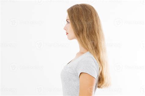 Profile Portrait Of Blonde Caucasian Girl With Long And Shiny Straight Female Hair Isolated On