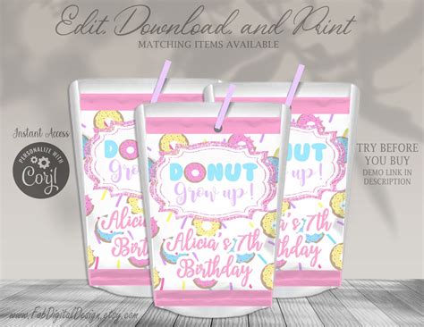 Editable Donut Grow Up Juice Pouch Labels Doughnut Birthday Etsy