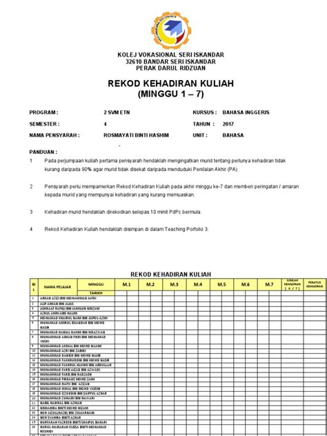 contoh rekod kehadiran  minggu