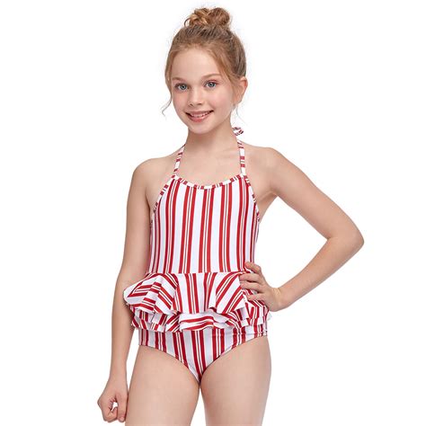 Uublik Summer Savings Girls Bikini Ruffles Stripe One Piece Swimsuit Bathing Beach Swimwear