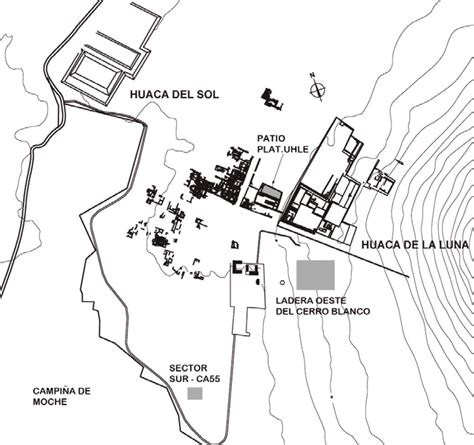 Plano de la ciudad de las Huacas del Sol y de la Luna y ubicación de