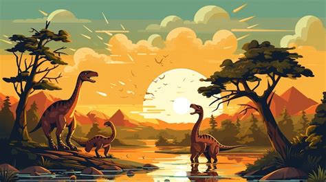 Una Pintura De Dinosaurios En Una Puesta De Sol Con Un Sol Poni Ndose