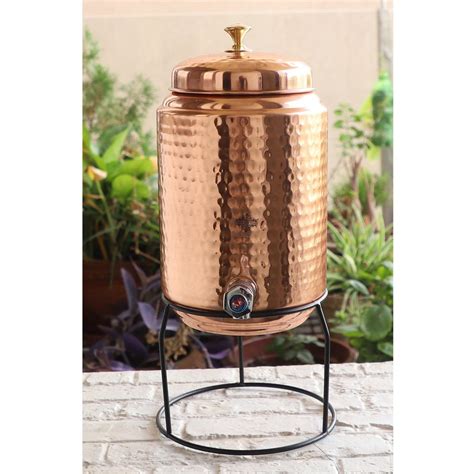 Indian Art Villa Pure Copper Water Pot With Brass Tap Stand Hammered