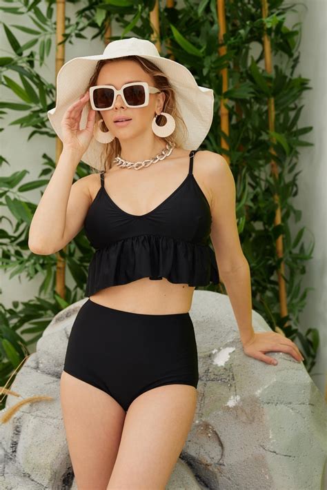 Starinci Mayo Pileli Ince Askili Bikini Takimi Y Ksek Bel D Z Siyah