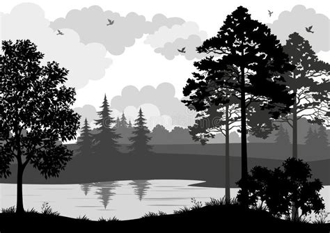 Landscape, Trees, River And Birds Silhouette Stock Vector - Image: 52095317