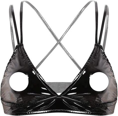 FEESHOW Damen Lackleder BH Bra Bralette Mit Offenen Brustwarzen Wetlook Dessous Lingerie