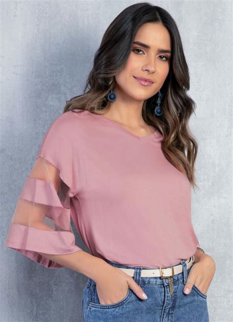 Quintess Blusa Rosa Detalhes Em Tule Nas Mangas Mangas