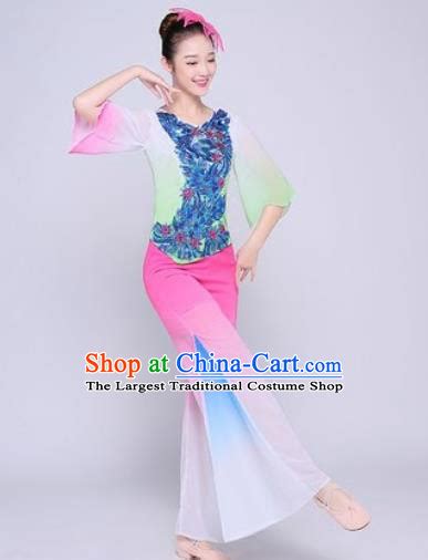 Pink Chinese Folk Fan Group Dance Costume And Hair Jewelry