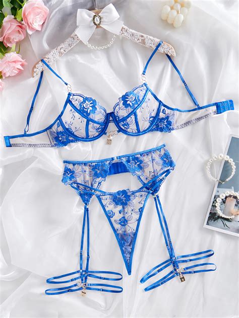 Blue See Through Embroidery Lingerie Bra Panty Set Deep Love Lingerie