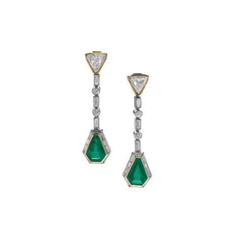 Emerald And Diamond Pendent Ear Clips By Bulgari