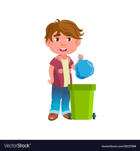 Helpful boy kid taking out trash in bucket cartoon