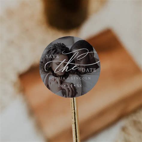 Romantic Calligraphy Dark Photo Save The Date Classic Round Sticker