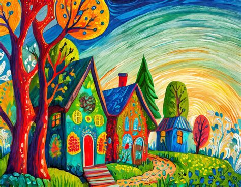colorful folk art houses  stock photo public domain pictures