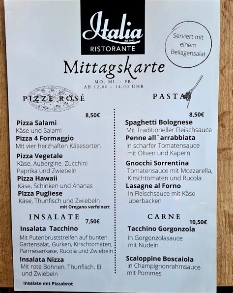 Speisekarte Von Pizzeria Italia Norden