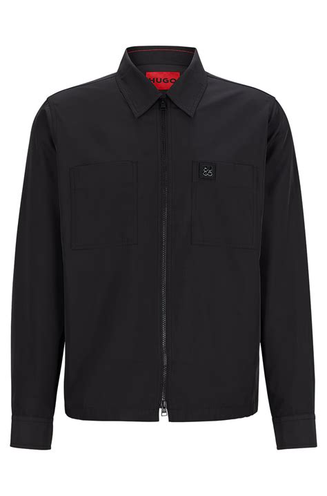 Hugo Oversized Fit Zip Up Shirt Jacket With Metal Logo Detail Black