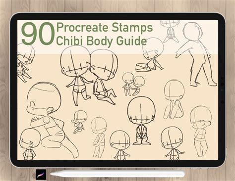 A Tablet With The Title90 Procreate Stamps Chibi Body Guide