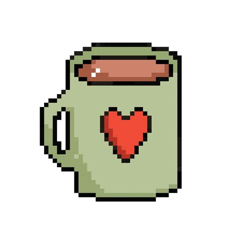 Hot Chocolate Drink Inside Green Heart Mug Pixel Bit Retro Game Styled Vector Illustration