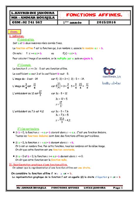 Cours Ere Annee Secondaire Maths Fonctions Affines Amara Bouajila